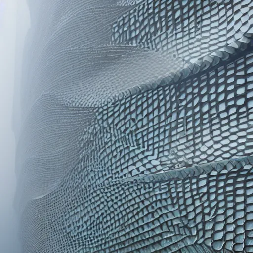 Image similar to a photo of a futuristic biomimicry oasis facade + the facade is elegant and made of a biomimicry nature algae with ornate patterns + photo taken on a misty morning + architectural photography, 8K, photorealistic