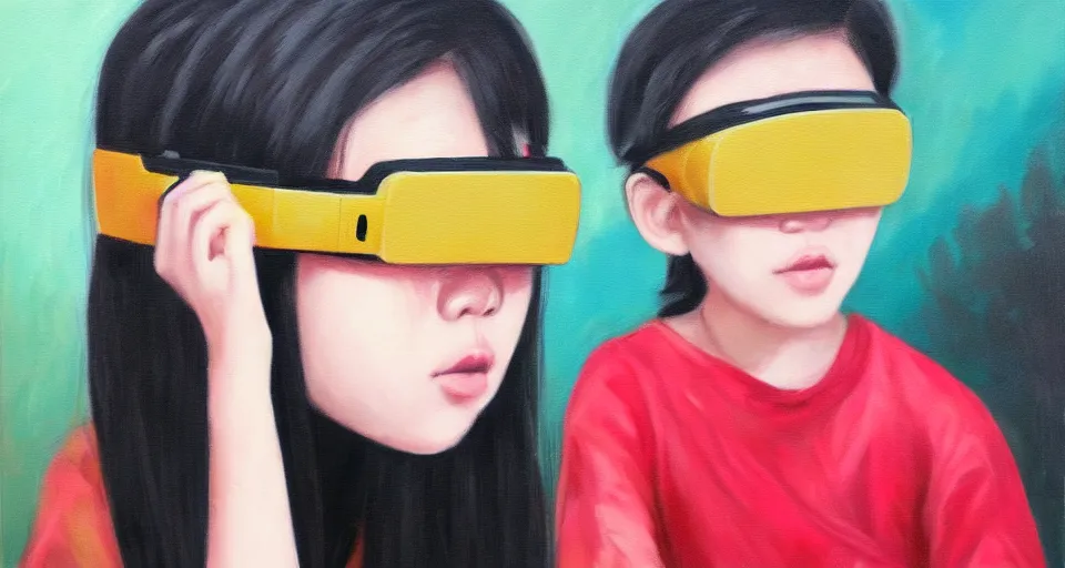 Image similar to a gen z teenage asian girl wearing vr googles, aged desaturated oil painting by mai trung thu