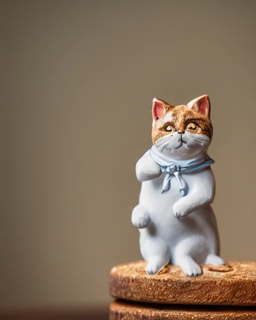 Prompt: high quality presentation photo of a a detailed porcelain figurine of a cute cat dressed as Napoleon holding a piece of chesse, photography 4k, f1.8 anamorphic, bokeh, 4k, Canon, Nikon