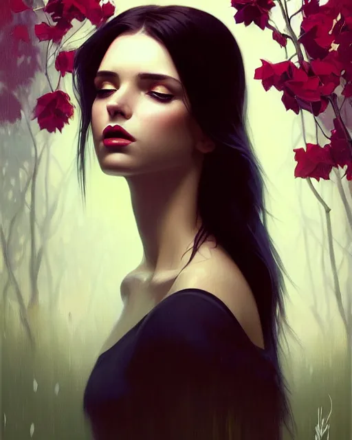 Image similar to stylized portrait of an artistic pose, composition, dark mysterious young lady, cinematic moody colors, ivy, flowers, one single head, realistic shaded, fine details, realistic shaded lighting poster by ilya kuvshinov, magali villeneuve, artgerm, jeremy lipkin and michael garmash and rob rey