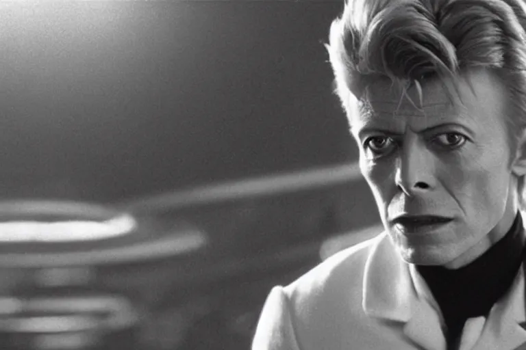 Image similar to David Bowie on the bridge of a starship, movie still