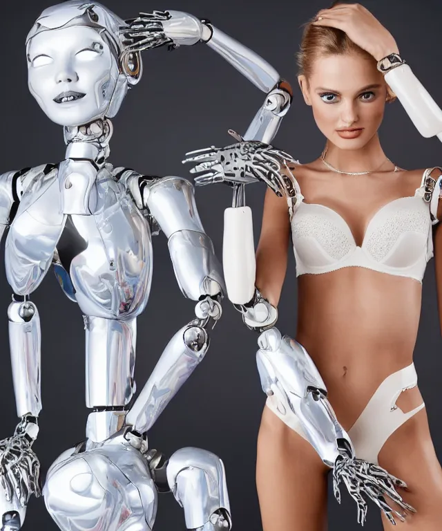 Image similar to a white victoria's secret model is standing besides a liquid metal humanoid robot and robot is touching model's face, robot's head is transformed into exact copy of model's head, realistic, 4 k