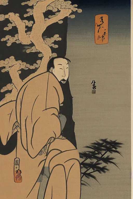 Image similar to a man gazing into the moon seeing far into the future, edo period, traditional japanese art style, reflection