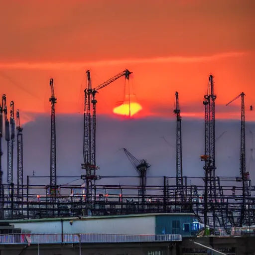 Prompt: The beauty of the sunset was obscured by the industrial cranes.