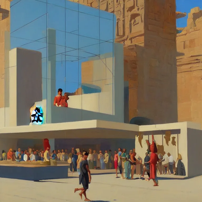 Prompt: apple store opening in ancient Egypt for the pharaoh, painted by Edward Hopper, painted by James Gilleard, airbrush