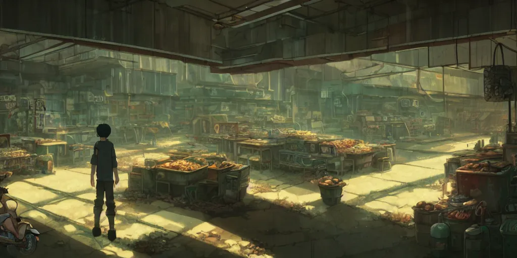 Prompt: a wholesome animation key shot of a post apocalyptic super market interior, covered by nature hipster vibes by studio ghibli, animation, sharp, rendered in unreal engine 5, focused, anime key art by greg rutkowski, bloom, dramatic lighting