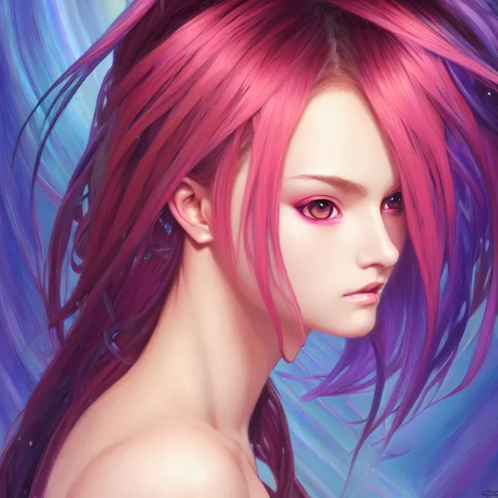 Image similar to portrait of beautiful symmetrical anime girl, rainbow hair, attractive, casual, modern, victoria's secret, highly detailed, digital painting, artstation, concept art, smooth, sharp focus, illustration, art by artgerm, greg rutkowski and alphonse mucha, 8 k,