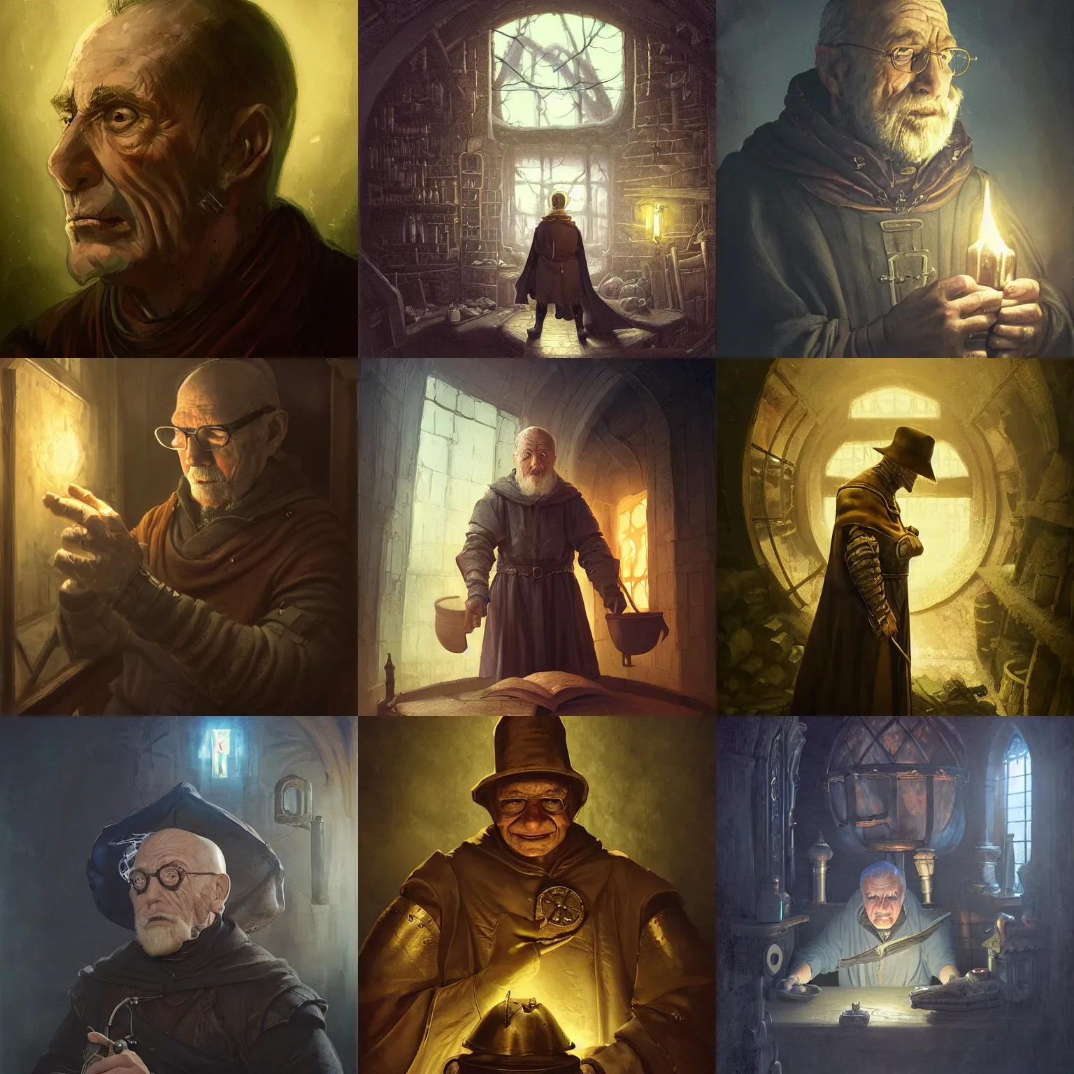 Prompt: portrait of an old, medieval alchemist in the dark, he is looking into the distance thoughtfully!!. close up, small person in spacious environment, studio lighting bright ambient lighting key light, fantasy, detailed, photorealistic portrait by michael komarck, greg rutkowski, victo ngai, artgerm and j. dickenson