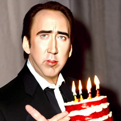 Image similar to nicholas cage holding a birthday cake, vampire's kiss