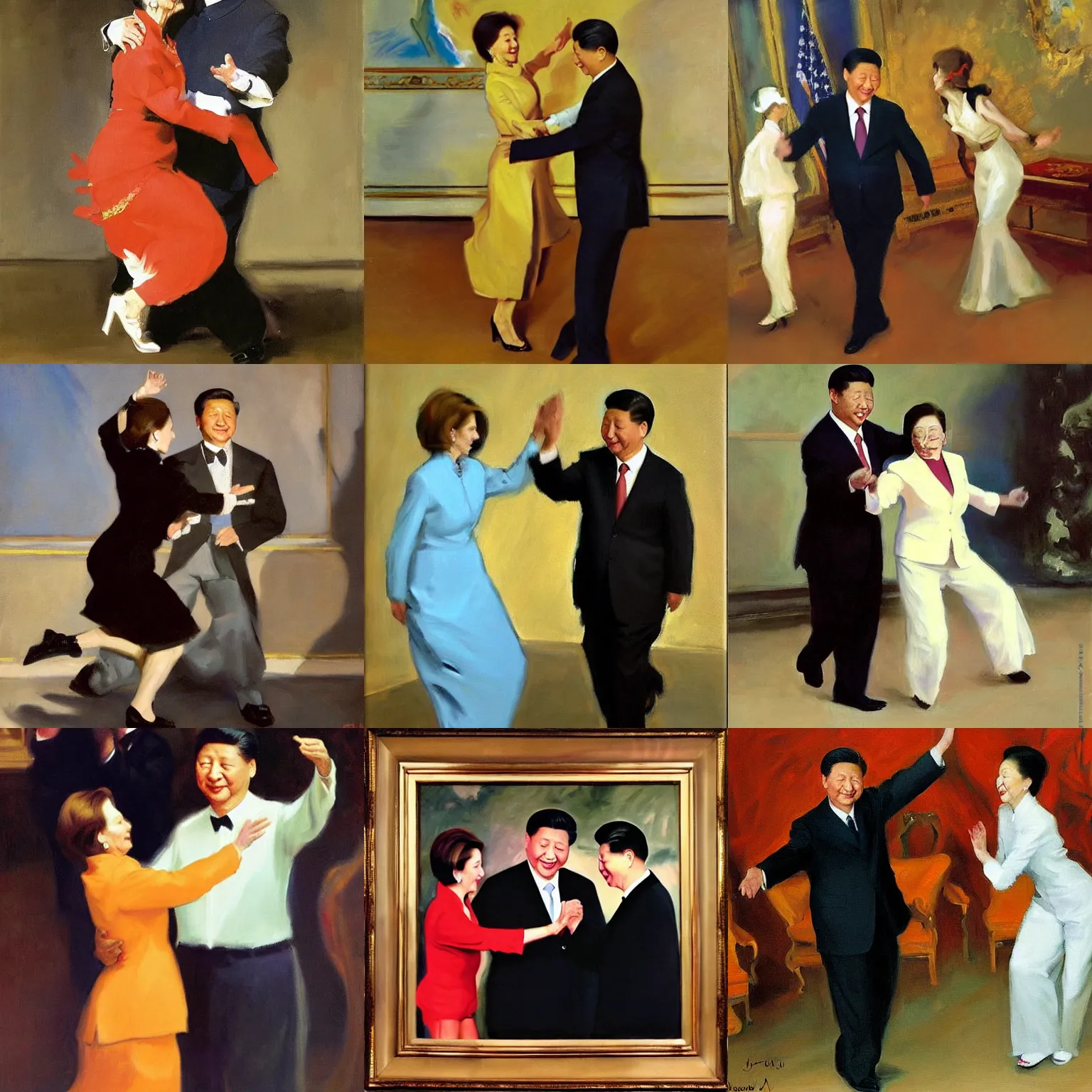 Prompt: nancy pelosi and xi jinping dancing, oil on canvas painting by john singer sargent