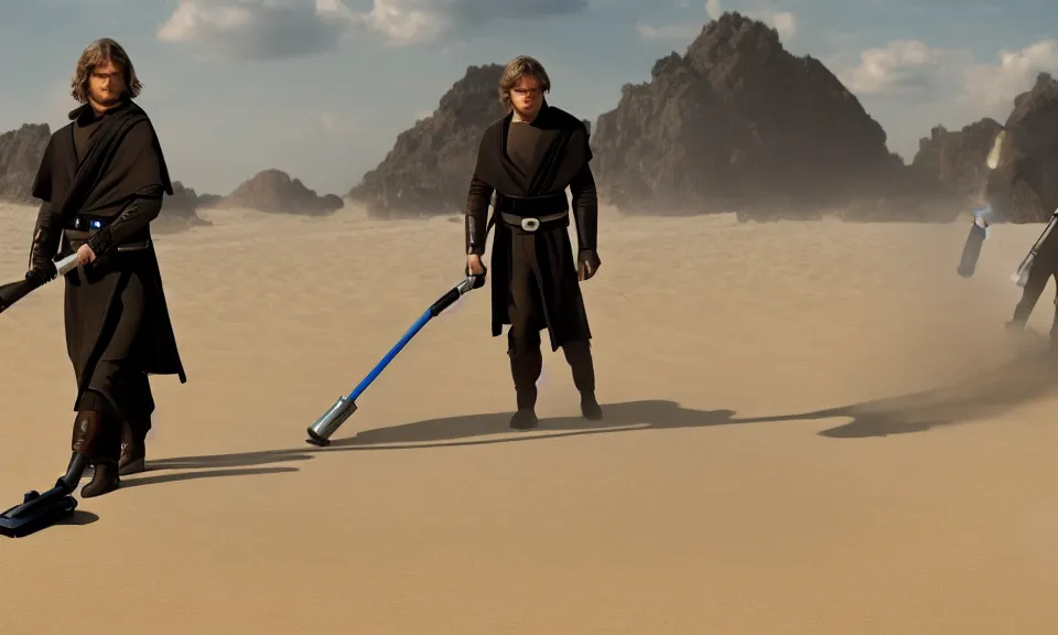 Prompt: anakin skywalker vacuuming the beach to remove sand, 4 k, film still, trending on artstation