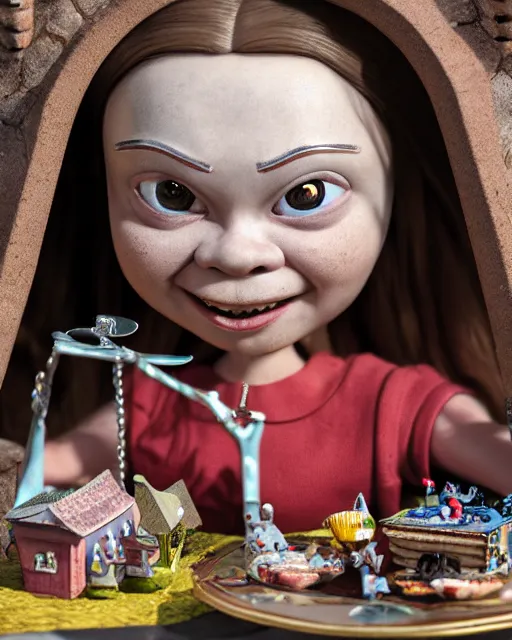 Image similar to highly detailed closeup, face profile portrait of a tin toy greta thunberg as a medieval goblin eating cakes in a castle, bikini, depth of field, nicoletta ceccoli, mark ryden, lostfish, dan decarlo, bob clampett, max fleischer, detailed and intricate environment, 8 k resolution, hyperrealistic, octane render