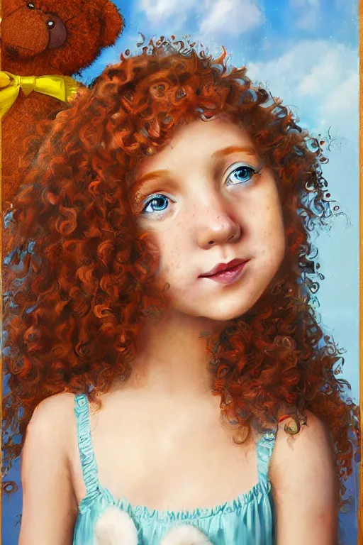 Prompt: a digital matte painting of an young beautiful face girl, with curly red hair, freckles, blue frilly dress holding teddy bear, by magali villeneuve