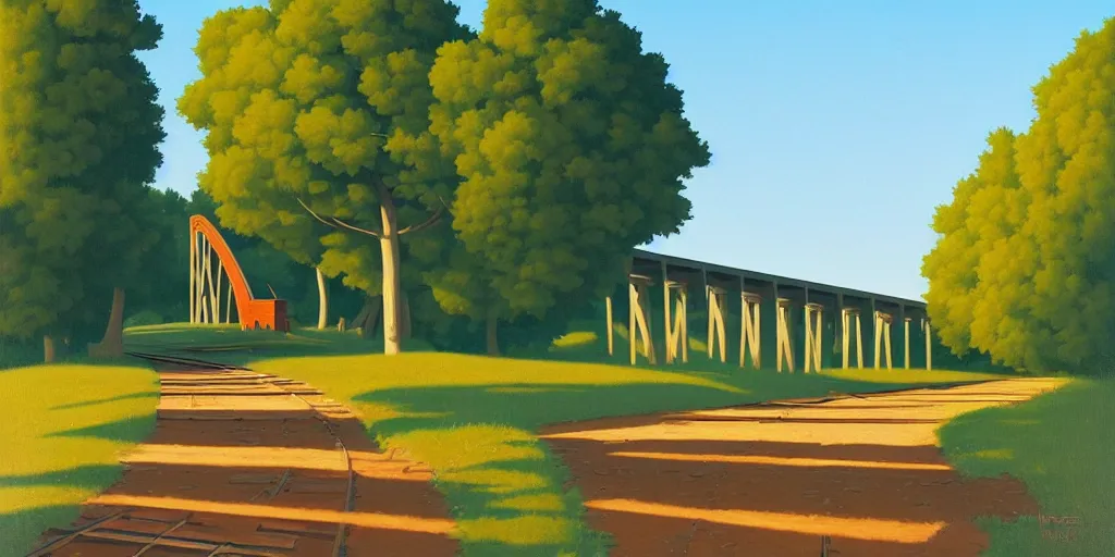 Image similar to tall bridge for trains, in the forest, blue sky, summer evening, kenton nelson