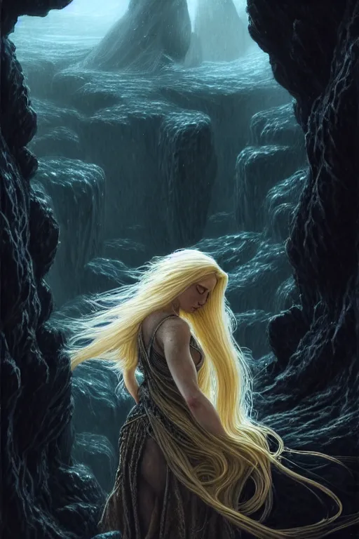 Image similar to A beautiful Norse Goddess with long flowing blonde hair on a ledge od deep abyss fantasy, intricate, elegant, highly detailed, D&D, digital painting, artstation, concept art, matte painting, sharp focus, illustration, extremely moody lighting, glowing light and shadow, atmospheric, shadowy, cinematic, in the style of Greg Rutkowski and artemisia gentileschi and Alphonse Mucha