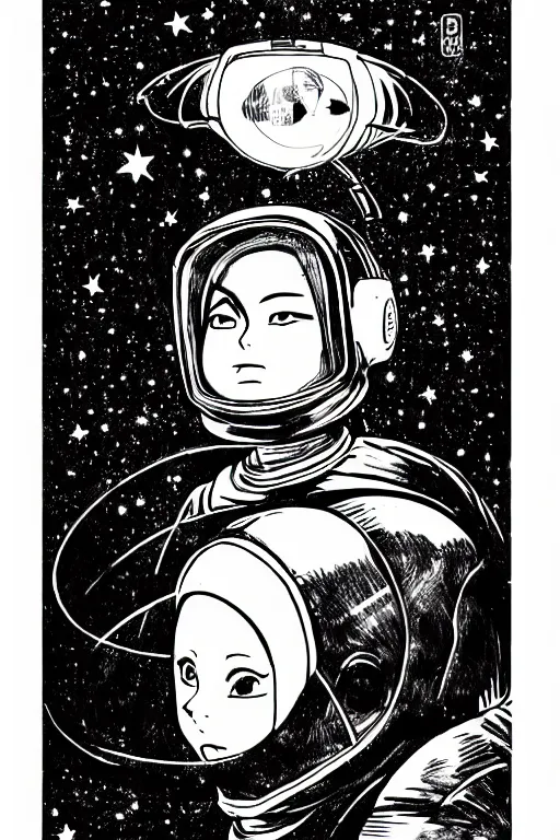 Prompt: manga portrait of a woman wearing a space helmet, akira toriyama, lineart, black and white, scifi, big clouds visible in the background, stars in the sky, high contrast, deep black tones