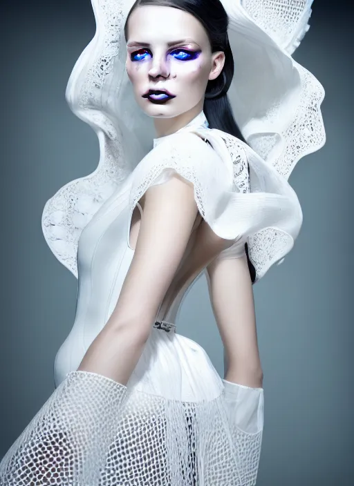 Prompt: portrait of a fierce nubile young woman with reflections in her eyes and white makeup and long dark hair, painted in futuristic white latex, waves of billowing doily dress, clear skin, elegant, graceful, fashionable, cinematic, hyperdetailed illustration by irakli nadar and alexandre ferra, depth of field, global illumination,
