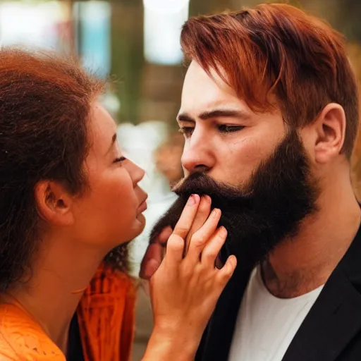 Prompt: a man with a dark well groomed beard gently slapping an attractive woman with straight red orange hair in the face with a lizard