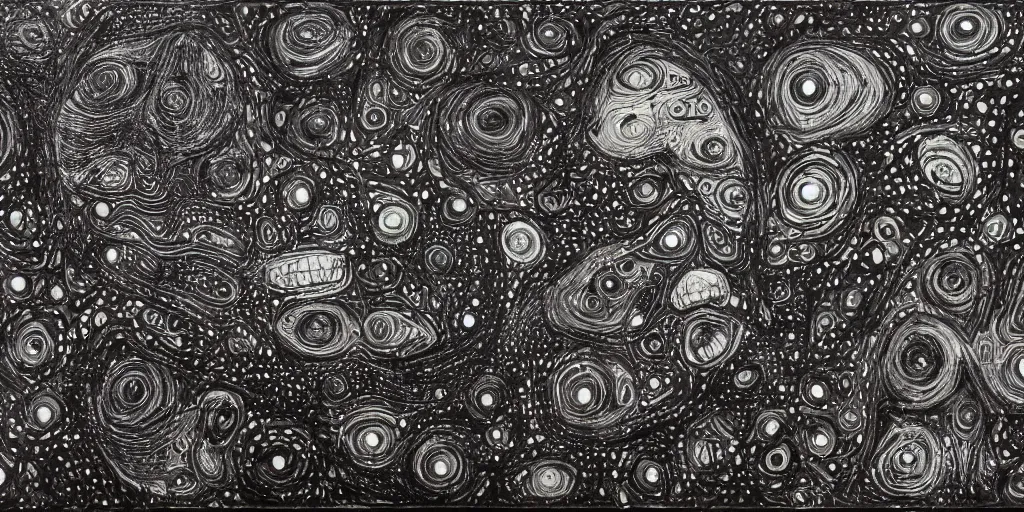 Image similar to deconstructed eye camo, technical, acrylic, teeth, death metal, eerie, tribal, clay, dotting, lines, stipple, points, cybernetic, style of old painting, francis bacon art, sleep paralysis, hypnosis, eerie, terror, oil, neon, black and white, splotches, colorful dots, ominous, abstract