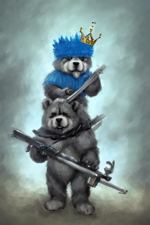 Image similar to cute anthropomorphic blue tong chow chow knight wearing a cape and a crown and holding a sniper, tiny, small, miniature chow chow, baby animal, short, pale blue armor, cute and adorable, pretty, beautiful, DnD character art portrait, matte fantasy painting, DeviantArt Artstation, by Jason Felix by Steve Argyle by Tyler Jacobson by Peter Mohrbacher, cinematic lighting