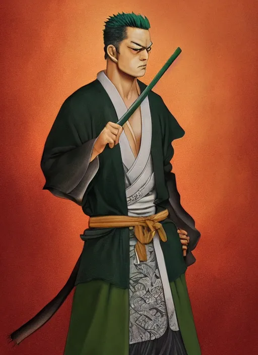 Prompt: a portrait of roronoa Zoro if he was real, wearing a traditional samurai dress, intricate, highly detailed, digital painting, artstation, concept art, smooth, sharp focus, illustration, art by Charlie Bowater and Gustave Baumann, matte painting