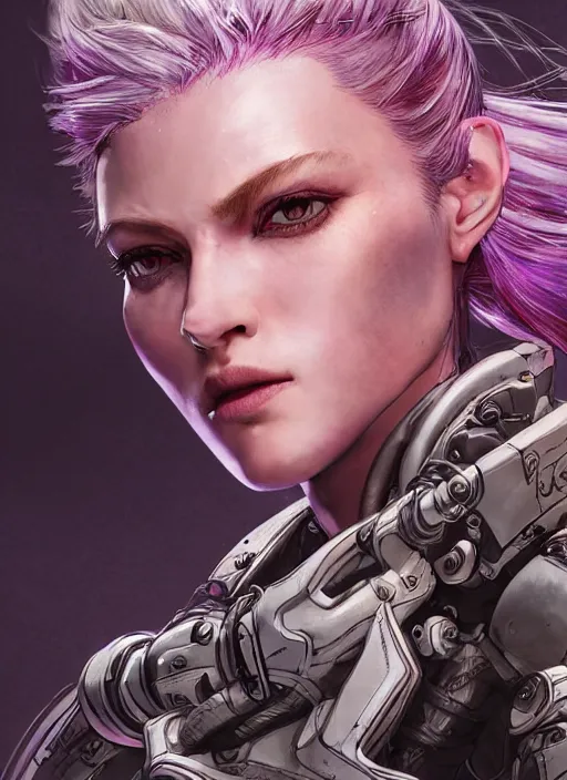 Image similar to close up portrait of a pale woman in power armor with purple ponytail hair, elegant, stoic, intense, ultrafine hyperdetailed illustration by kim jung gi, irakli nadar, intricate linework, sharp focus, bright colors, octopath traveler, yoji shinkawa, highly rendered, global illumination, radiant light, detailed, intricate environment