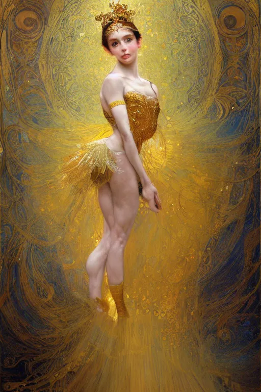 Image similar to an intricate painting of a beautiful young ballerina covered in silk clothes with klimt golden motives and textures, hyper detailed, ornamental gold headpiece, octane render, vivid colors, artstation, by jeremy mann, by alphonse mucha, by boris vallejo