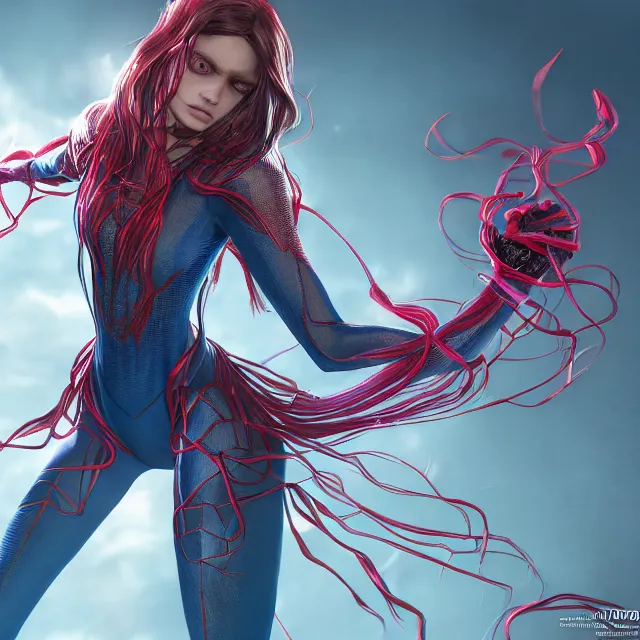 Image similar to spiderwoman, centred, very long hair, hd, hyperdetailed illustration by irakli nadar, intricate linework, bright colors, octopath traveler, final fantasy, unreal engine 5 highly rendered, global illumination, radiant light