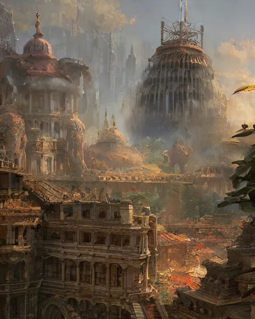 Image similar to craig mullins and ghibli digital illustration of world's columbian exposition, strong contrast, unreal engine, hyper realism, realistic shading, cinematic composition, realistic render, octane render, detailed textures, photorealistic, wide shot