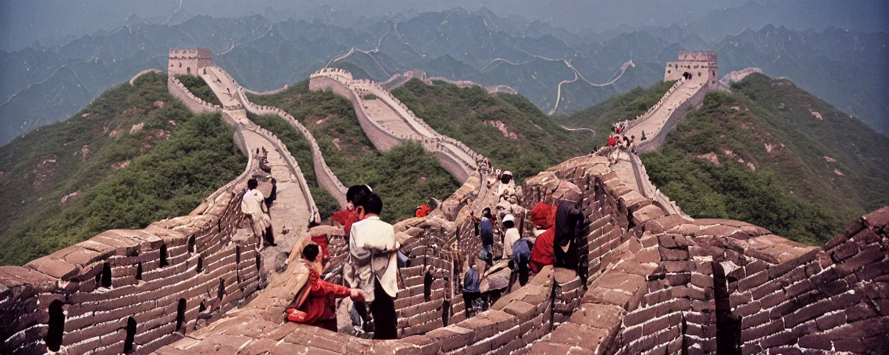 Prompt: spaghetti on top of building the great wall of china, fine detail, canon 5 0 mm, in the style wes anderson, kodachrome, retro