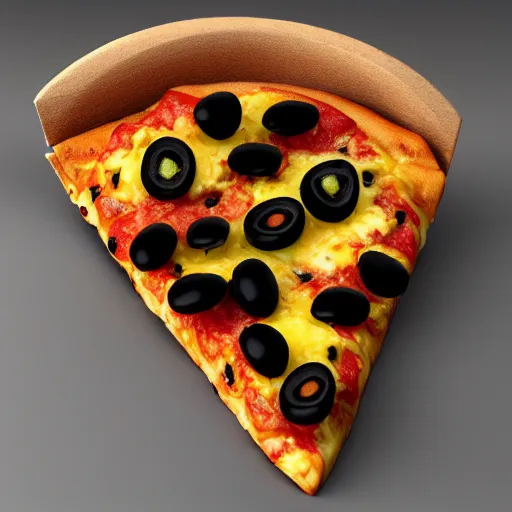 Prompt: A cheezy slice of pizza with a lots of black olives, the slice is so hot, 3D render, blender, highly detailed