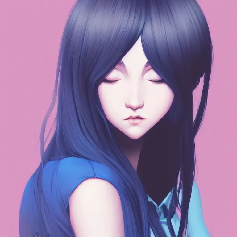 Image similar to urban high school girl in shirt fanart, dark blue long hair, muted colors, matte print, pastel colors, ornate, digital art, digital painting, fan art, elegant, artstation, by Ilya Kuvshinov