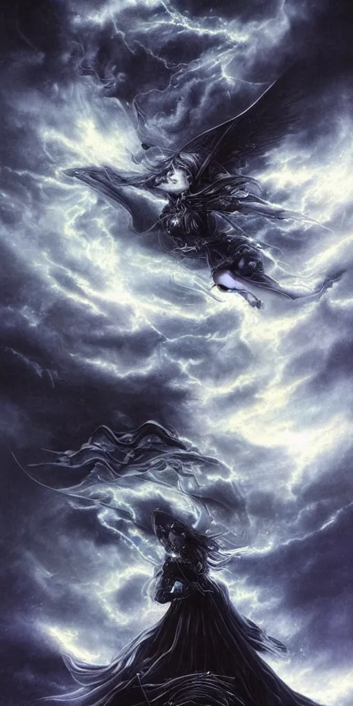 Image similar to spell of flares and glimpses anamorphic in the night during a stormcloud with dramatic airbrushed clouds over black background by Luis royo and Yoshitaka Amano intricated flares airbrush fantasy 80s, realistic masterpiece