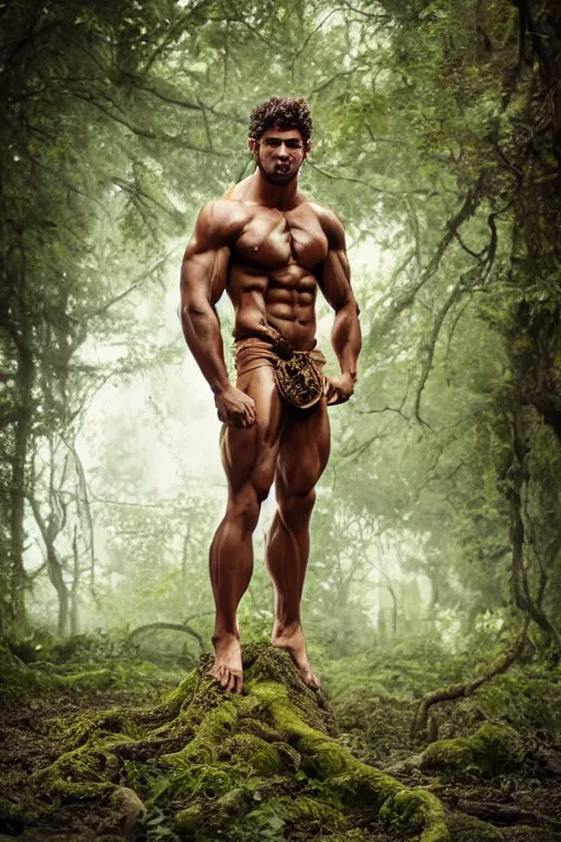 Image similar to portrait of a muscular man, chiseled features, beautiful flowing brown curly hair, mythological, god of nature, defined muscles, artsy photography, film photo, 4 k, model posing, deep tan skin, trending on artstation, fashion photography, yellow eyes, overgrown background, dryad, verdant forest