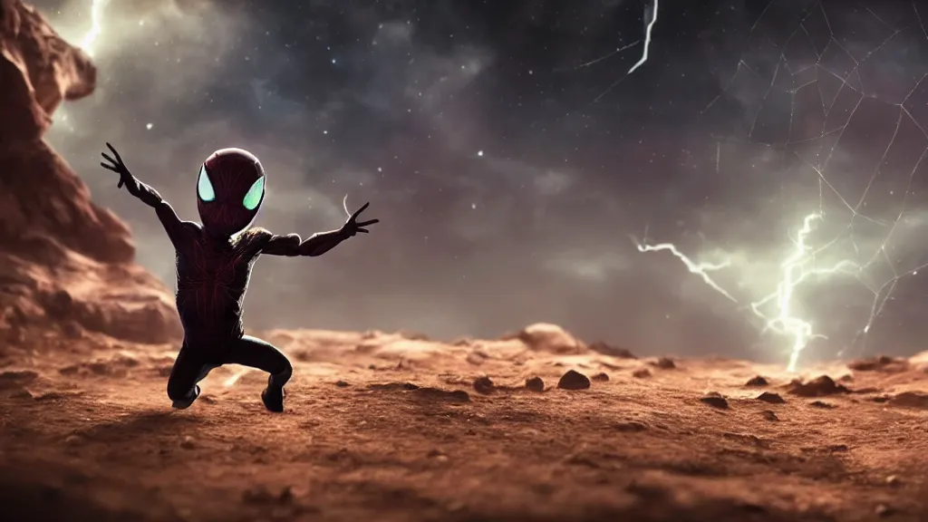 Image similar to spider human child hybrid on a planet. close bottom view. whole body. nebula background. cinematic composition. cinematic lightning. ultra realistic. 8 k. highly detailled. deep space. ultra realistic details. cinematic atmosphere. studio lighting. shadows. dark background.