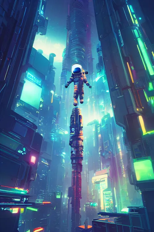 Image similar to A picture of an astronaut close to the camera in a upside down cyberpunk flying city by moebius, Neil Blevins and Jordan Grimmer, neon lights, surreal, :-volumetric lighting