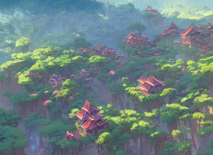 Image similar to concept art painting of a small woodland village in a valley seen from above, european japanese buildings, early morning, cel shaded, detailed, realistic, by makoto shinkai and moebius and anton fadeev and james gurney