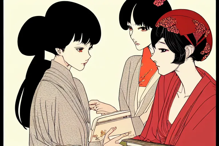 Image similar to portrait of two wise and very beautiful women discussing some texts appearing in a computer screen, art by satoshi kon, intricate, elegant, highly detailed, smooth, sharp focus, artstation