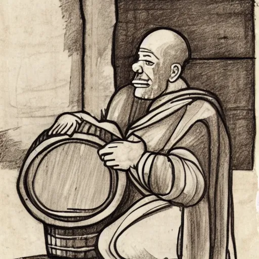 Prompt: sketch of a monk drinking wine next to a barrel, in the style of da Vinci