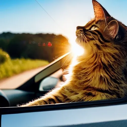 Image similar to convertible on road, cat homies chilling in convertible, paws on steering wheel, paw hanging out of window, golden hour, clear sky, unobstructed road