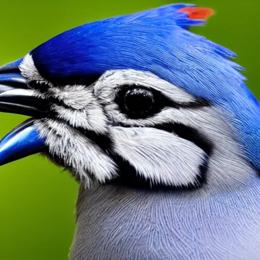 Prompt: a man wearing a suit and tie with the head of a bluejay bird