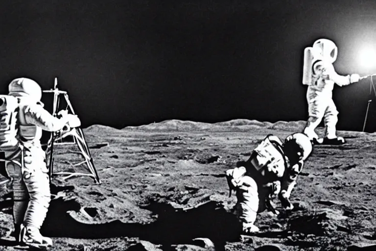 Prompt: black and white photo from 1969 of the government faking the moon landing on a Hollywood sound stage