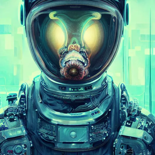 Image similar to hyperrealistic portrait of a squid monster astronaut, full body portrait, well lit, intricate abstract. cyberpunk, intricate artwork, by Tooth Wu, wlop, beeple. octane render,in the style of Jin Kagetsu, James Jean and wlop, highly detailed, sharp focus, intricate concept art, digital painting, ambient lighting, 4k, artstation