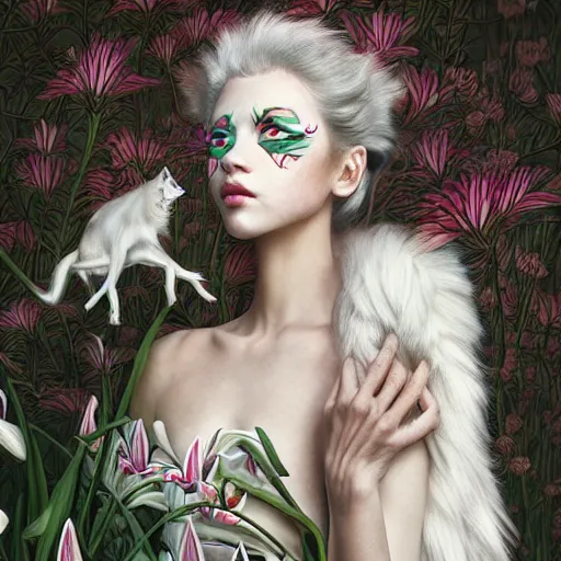 Prompt: pretty model with white wolf, white lilies : : by martine johanna and simon stalenhag and chie yoshii and casey weldon and wlop : : ornate, dynamic, particulate, rich colors, intricate, elegant, highly detailed, vogue, wolf, harper's bazaar art, fashion magazine, smooth, sharp focus, 8 k, octane render