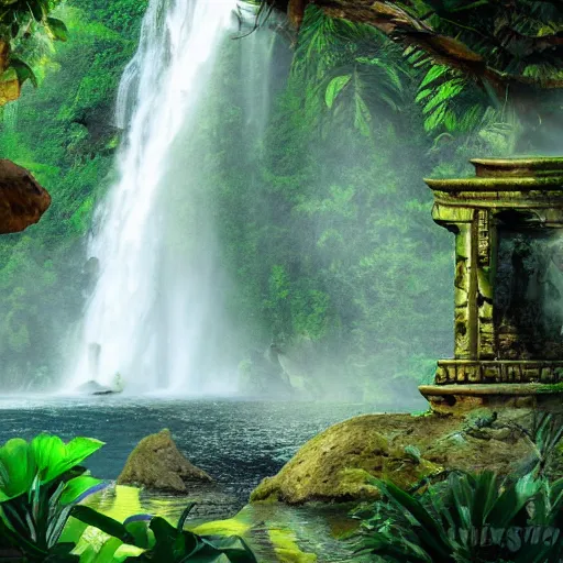 Prompt: A stunning waterfall beside an ancient jungle temple surrounded by lush vegetation, matte painting