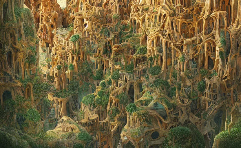 Prompt: a reflection in a drink of a heavenly city with lush walkways, beautiful bioarchitecture design by kedem pitsou, m. c. escher, gaudi sagrada familia, and bisti badlands, emerald gold and beksinski, highly detailed, bokeh, beautiful, artstation