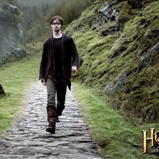 Prompt: daniel radcliffe as harry potter walking, in orodruin from lord of the rings, lava, mountain