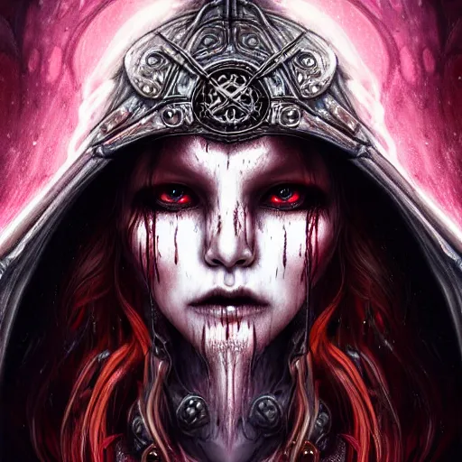 Prompt: Viking goddess bloody tears dystopian hooded princess queen burning halo, intricate artwork, cyberpunk, futuristic, artgerm, vibrant, soft focus, sharp, highly realistic and detailed, octopus, hyperrealistic, 8k, portrait, steampunk, space