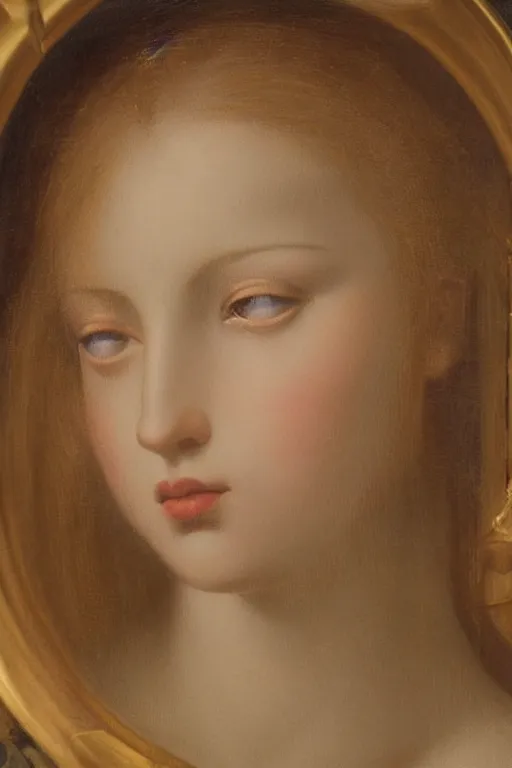 Image similar to Beautiful girl, calm face, closeup, ultra detailed, made in gold, Guido Reni style