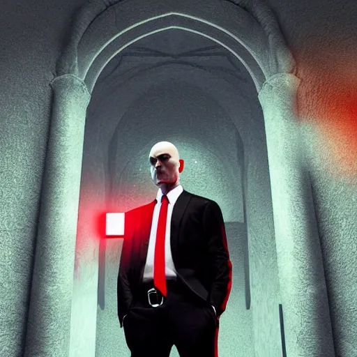 Image similar to agent 4 7 from hitman wearing headphones and listening to music alone in a monestary, dark background, red rim light, highly detailed, smooth, sharp focus, art by ali kiani amin